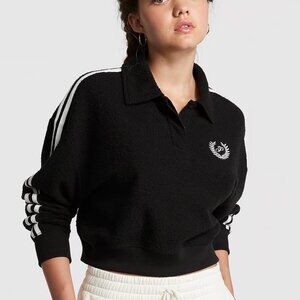 PINK Victoria's Secret Black Reverse Fleece Cropped Polo Sweatshirt Size L NWT